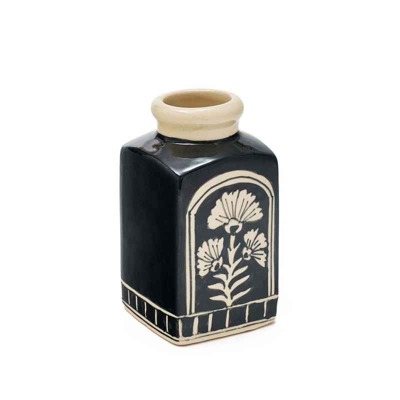Hand Painted Black Floral Ceramic Vase, Large